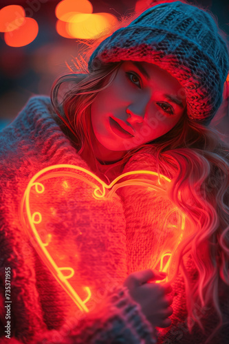 Blonde haired woman with woolly hat embracing a neon love heart.