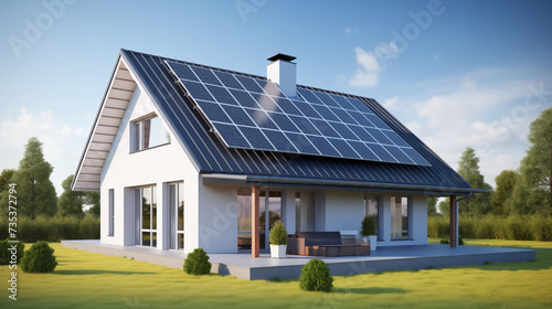 Modern Solar-Powered House at sunset. A contemporary two-story home equipped with solar panels on the roof, bathed in the warm glow of a setting sun, representing sustainable living.