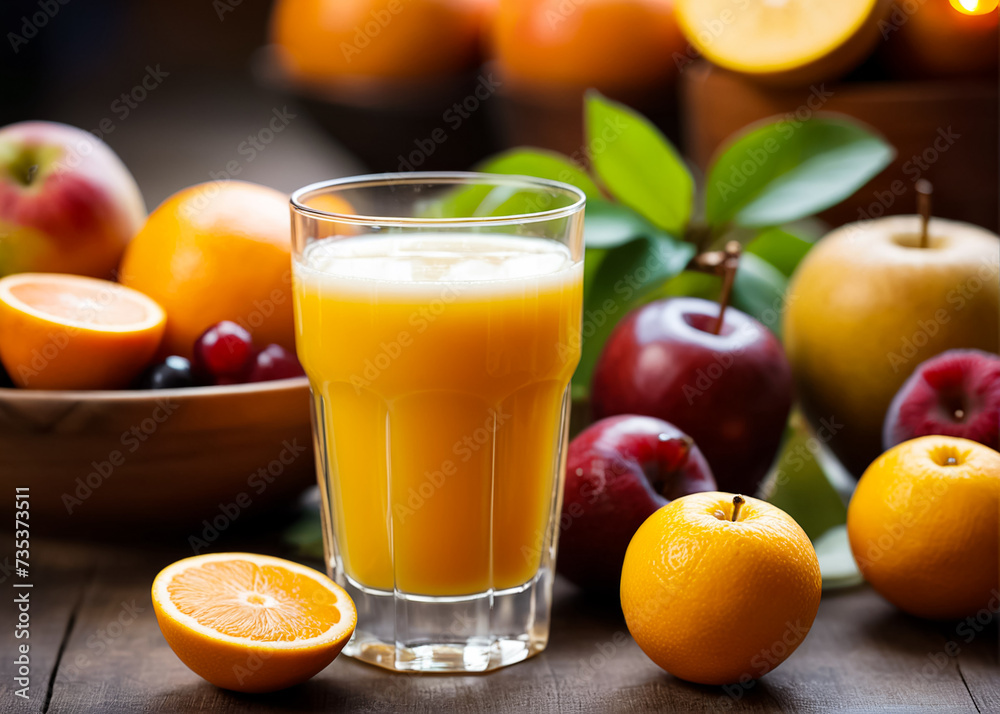 Glass with fruit juice and various fruits and berries. Apples and oranges. Generative AI Glass with fruit juice and various fruits and berries. Apples and oranges. Generative AI