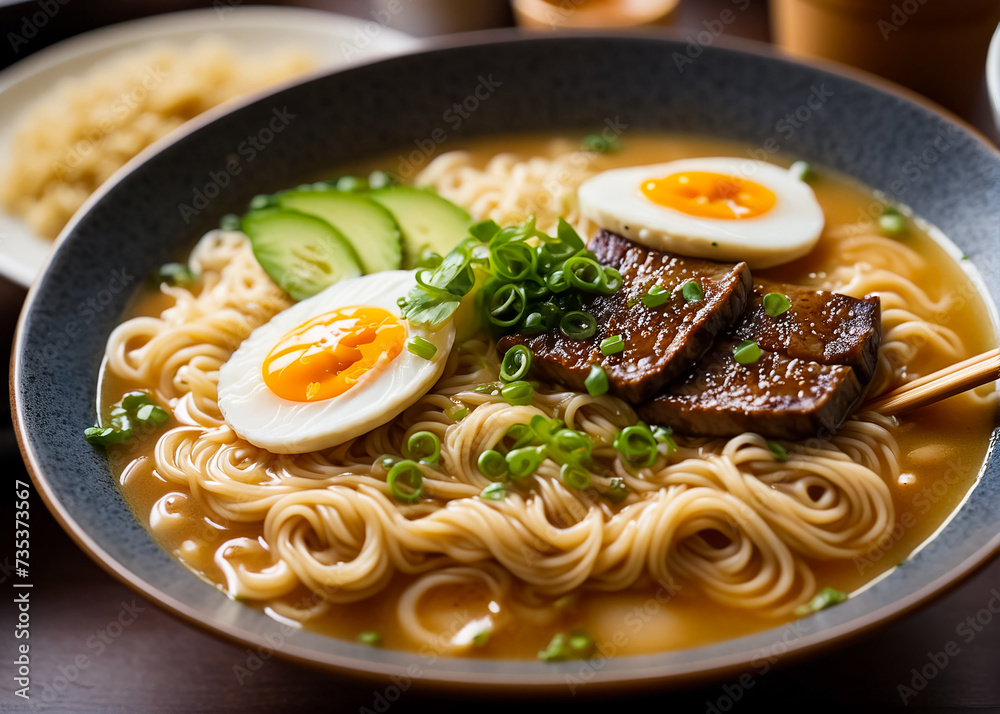 Appetizing ramen in a bowl. Noodles, pieces of meat, eggs, finely chopped green onions and other greens. Generative AI Appetizing ramen in a bowl. Noodles, pieces of meat, eggs, finely chopped green onions and other greens. Generative AI