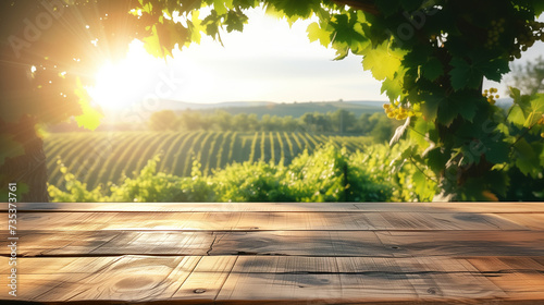  Empty wooden table with vineyard background. Selective focus on tabletop.