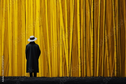 a person standing in front of a yellow wall with bamboo