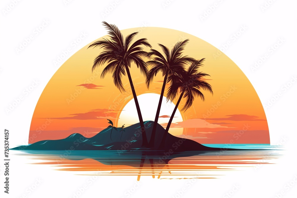 a sunset over a island with palm trees