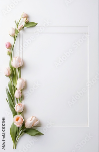 FRAME IN BACKGROUND WHITE WITH FLOWERS AROUND.