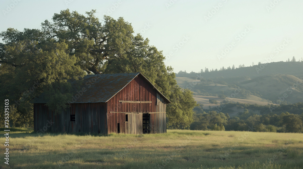 Serene Rustic Charm: An Old Wooden Barn Amidst the Lush Greenery of Rolling Hills at Dusk, a Symbol of Timeless Agricultural Heritage Serene Rustic Charm: An Old Wooden Barn Amidst the Lush Greenery of Rolling Hills at Dusk, a Symbol of Timeless Agricultural Heritage