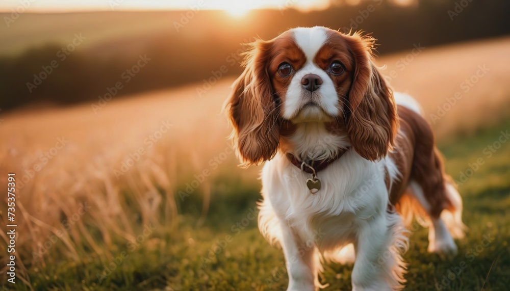 Cavalier king charles spaniel, dog at dawn, purebred dog in nature, happy dog, beautiful dog