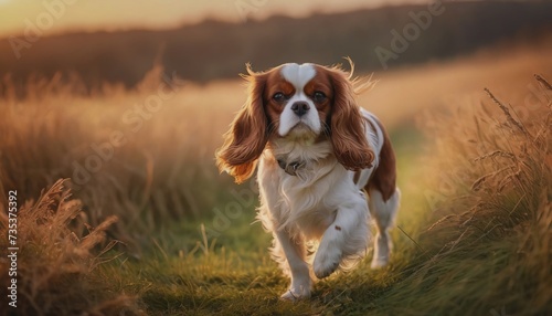 Cavalier king charles spaniel, dog at dawn, purebred dog in nature, happy dog, beautiful dog
