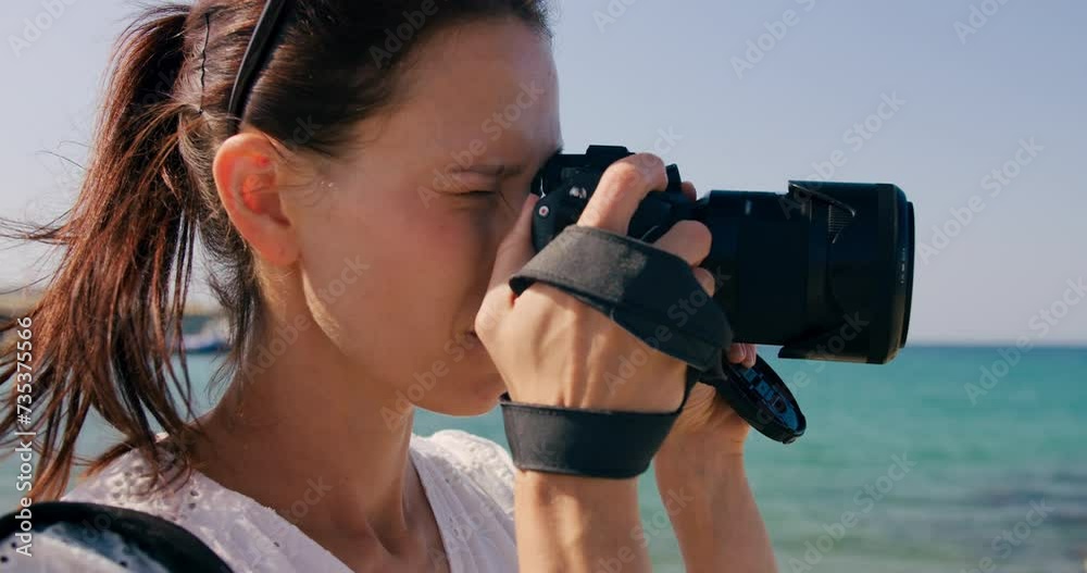 Female traveler take photo on camera of sightseeing in vacation. Cinematic and inspiring travel blogger live motivational adventure Female traveler take photo on camera of sightseeing in vacation. Cinematic and inspiring travel blogger live motivational adventure