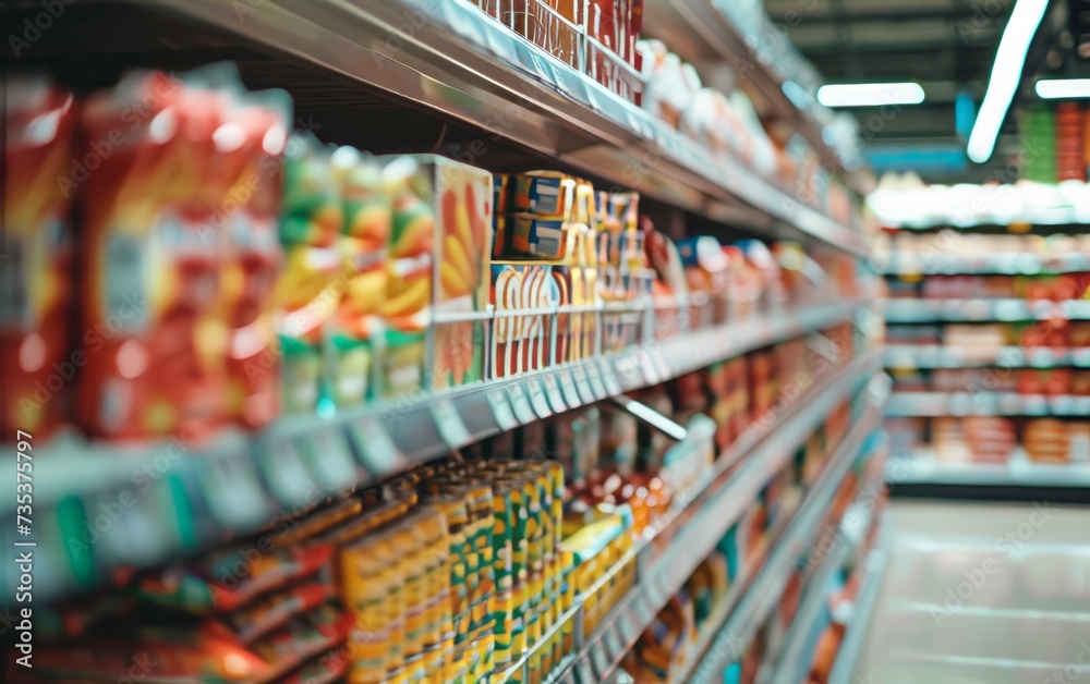 Supermarket shelf with food products. Blurred background. Supermarket interior