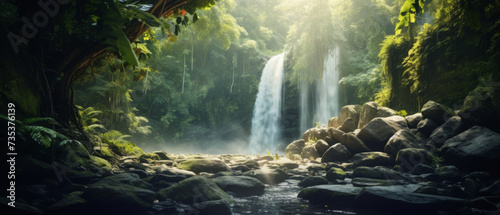 Tropical rainforest waterfall with sun rays and lush leaves