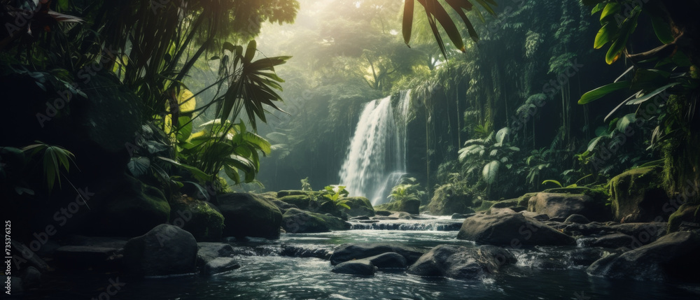 Sunlight Filtering Through a Lush Tropical Rainforest onto a Tranquil Waterfall and Stream