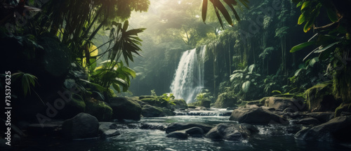 Sunlight Filtering Through a Lush Tropical Rainforest onto a Tranquil Waterfall and Stream