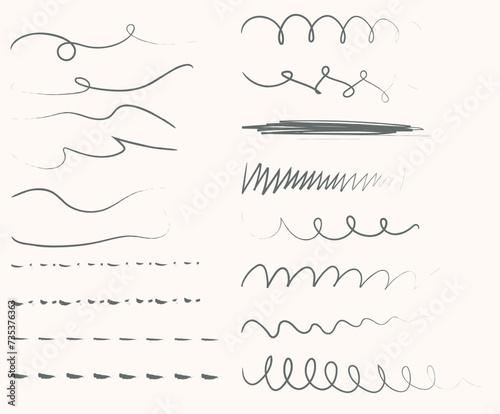 Strokes of different shapes for notes, highlighting and underlining in the text. Vector illustration. Set of hand wavy ink strokes
