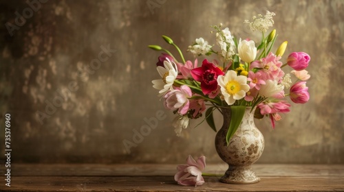 Springtime Floral Arrangement in Vintage Ceramic Vase AI Generated.