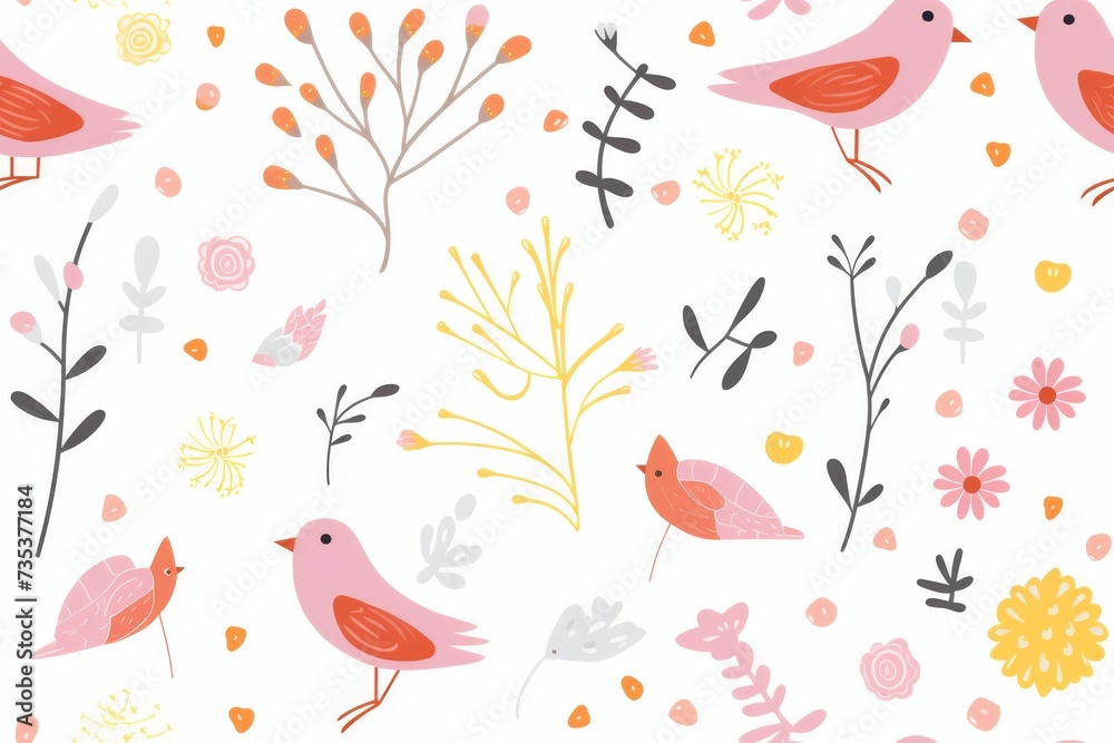 Birds and Flowers Pattern on White Background
