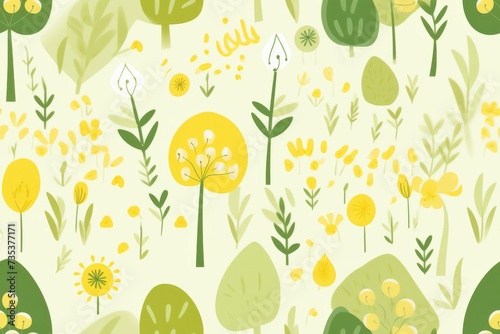 Yellow and Green Floral Pattern on a White Background