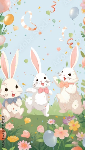 Three Rabbits in a Field With Balloons and Streamers