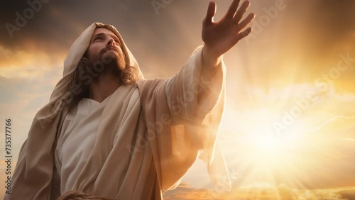 Holy hand of Jesus. Moving clouds and sun.