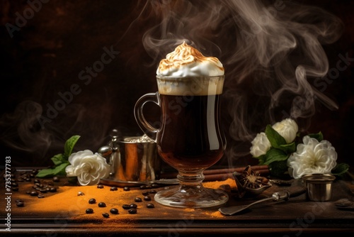 a glass of coffee with whipped cream and white foam