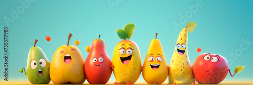 Banner with funny fruits. Cheerful fruits with smiling faces. Vitamins and healthy food for children. Cute horizontal header for blog, advertising, children's menu.