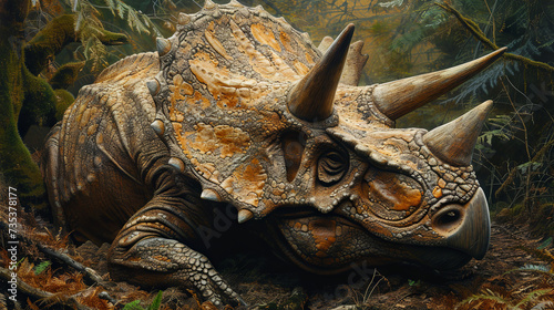 Triceratops dinosaurs roamed their natural habitats before becoming extinct. photo