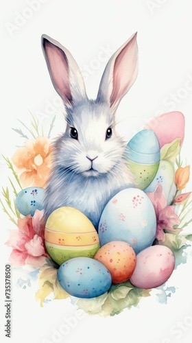 A Painting of a Bunny in a Basket of Eggs © Akhtar