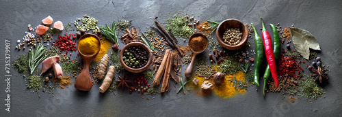 Herbs and spices in closeup on gray background