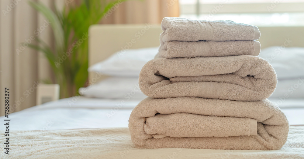 Pilha de toalhas limpas na cama, close-up. Interior do quarto - obrazy, fototapety, plakaty 