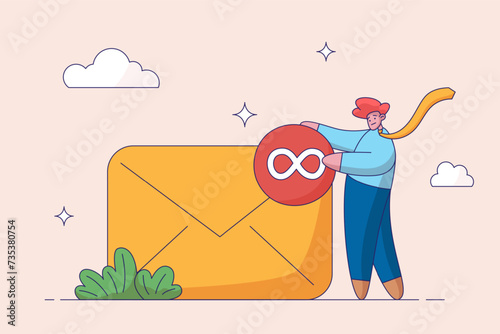 Busy email overload concept. Anxiety, exhausted or burnout from too many messages. Inefficient communication. Desperate hopelessness businessman with his inbox with infinity unread emails.