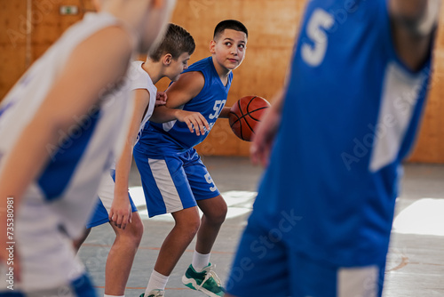 Junior athletes practicing basketball at indoor court during training.