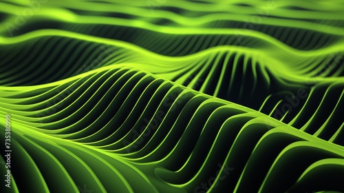 Abstract realistic 3d texture in the form of light green wave layers on black background. Dynamic abstract lines, suitable as wallpaper and background. Created with Generative AI.
