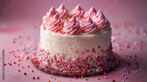 a white cake with pink frosting and sprinkles on a pink surface with sprinkles.