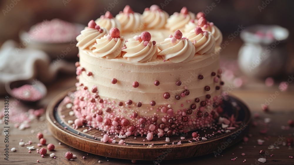a close up of a cake with white frosting and pink sprinkles on a plate on a table. a close up of a cake with white frosting and pink sprinkles on a plate on a table.