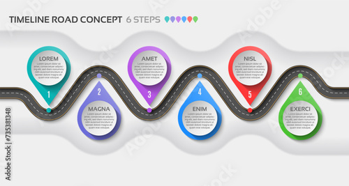 Isometric navigation map infographic 6 steps timeline concept. Winding road.