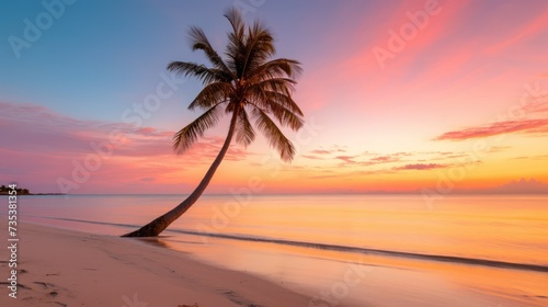 Sunset at a serene beach with a lone palm tree. Breathtaking view of sunset at tropical beach with palm silhouette.