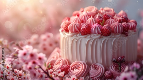 a close up of a cake with pink frosting and raspberries on top of it with pink flowers in the background.