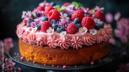 a cake with berries, raspberries, and daisies on top of a cake plate with pink frosting.