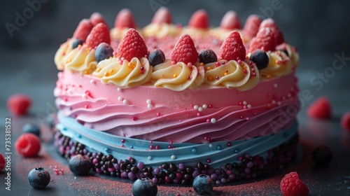 a close up of a cake with raspberries and other toppings on a table with blueberries and raspberries around it. photo