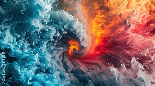 Dynamic clash of cool blue and warm red-orange fluids. photo