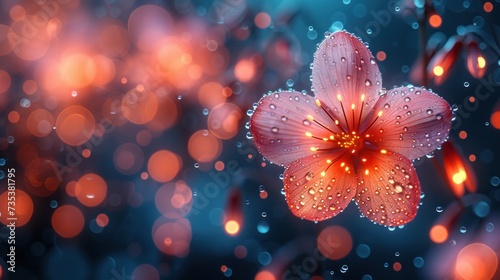 a close up of a flower with drops of water on it and a blurry background of red and blue lights.
