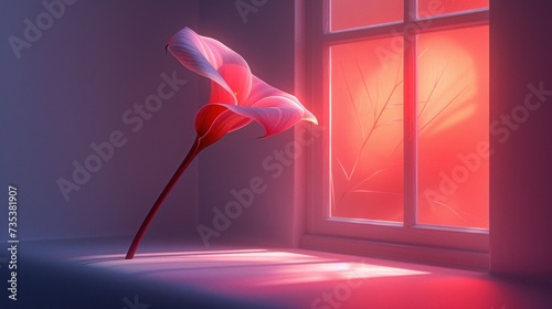 a red flower sitting on top of a window sill next to a window sill with a red light coming through it. photo