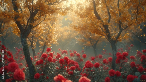 a forest filled with lots of red flowers next to a forest filled with lots of yellow and red trees and leaves. photo