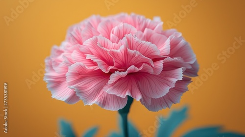 a close up of a pink and white flower with a green stem in front of an orange background with a blue stem in the foreground. photo