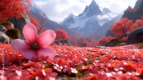 a pink flower is in the middle of a field of red flowers in front of a mountain range with snow capped mountains in the distance. photo