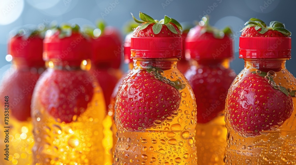 a close up of a group of plastic bottles filled with liquid and strawberries on the top of the bottles.