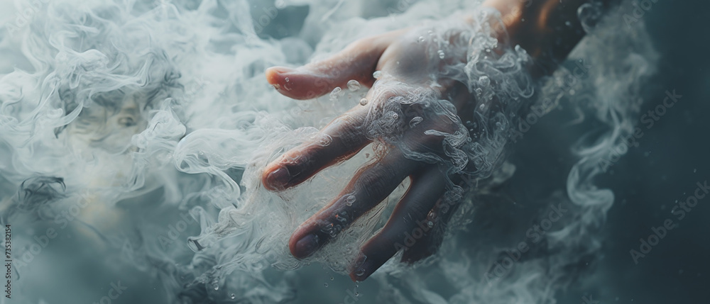 Human Hand Disturbing Calm Water Surface Creating Dynamic Splashes and bubbles