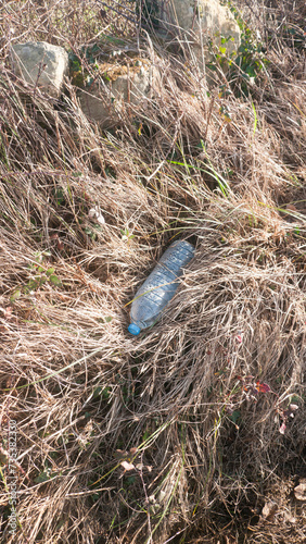 Botella de agua tirado sobre arbusto seco