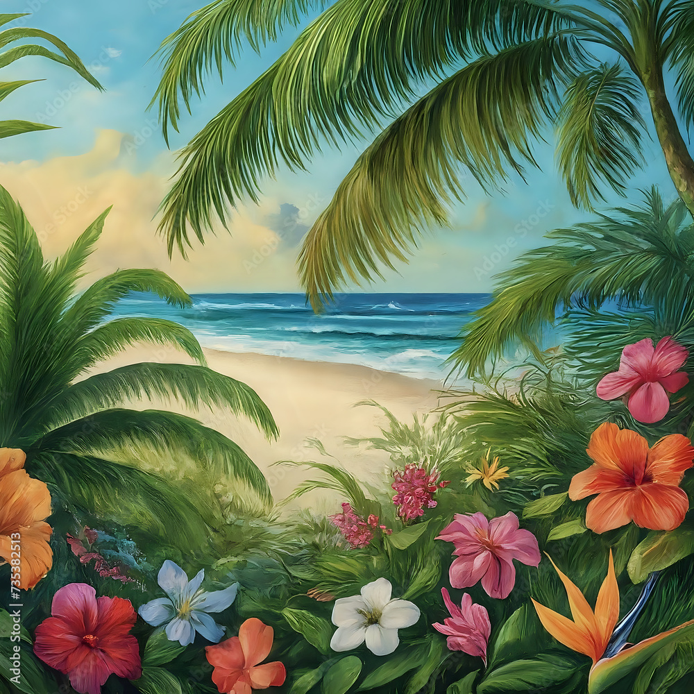 Sea-beach illustration with flowers, leaves, and trees.