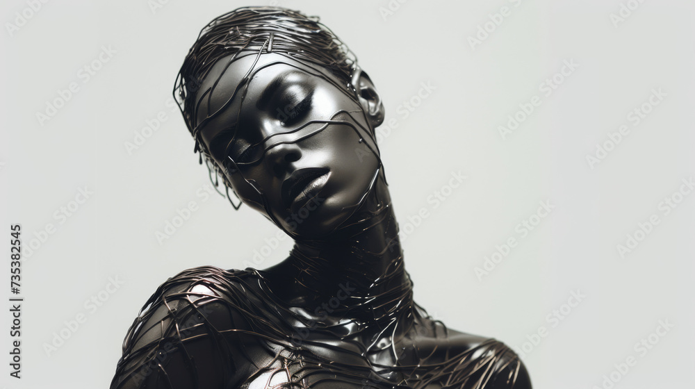 Woman Sculpted in Shimmering Metallic Wires Woman Sculpted in Shimmering Metallic Wires