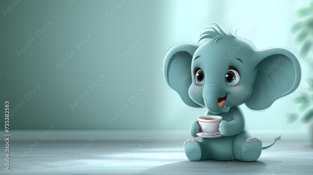 a baby elephant sitting on the floor with a cup of coffee in it's mouth and a plant in the background. a baby elephant sitting on the floor with a cup of coffee in it's mouth and a plant in the background.